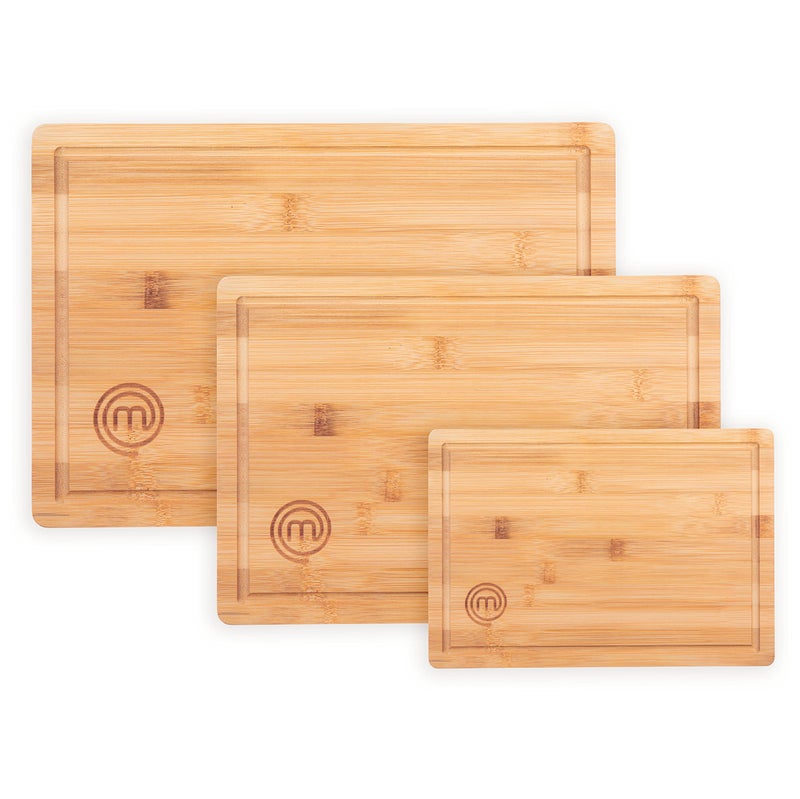 MasterChef Cutting Boards for Kitchen  Bamboo Chopping Board Set of 3  Organic Food Safe Surfaces for Preparing & Serving Meat  Cheese etc  Large  Medium & Small Wooden Boards with Juice Grooves - Image 1
